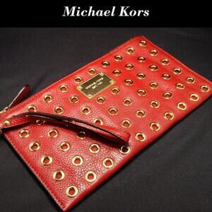 Michael Kors Red Leather Grommet Studded Wristlet Clutch, 10 Inch by 5 1/2 Inch